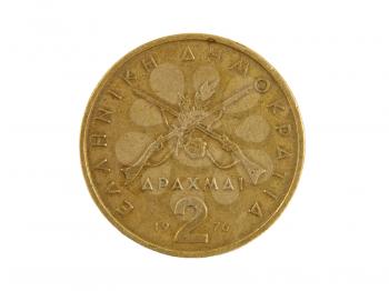 Old Greek monetary unit drachma isolated on a white background.