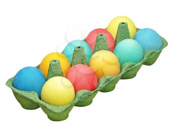Easter eggs arranged in a pot isolated on white background.
