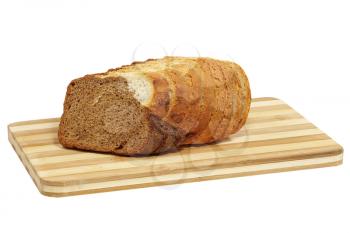 Fresh sliced bread on cutting board isolated on a white background.