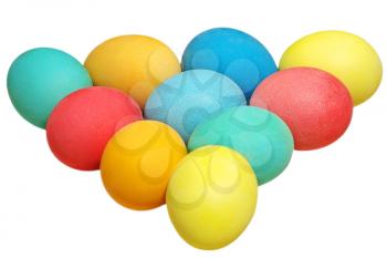 Easter eggs arranged in a triangle isolated on white background.