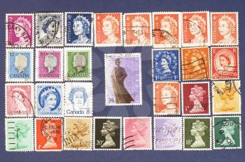 Postage stamps of British Commonwealth countries with image of Queen Elizabeth.