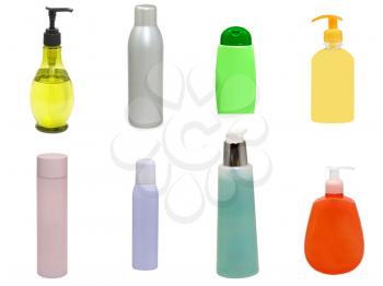 Set of multicolored plastic cosmetic containers isolated on a white background.