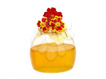 Honey jar and color flowers isolated on a white background.