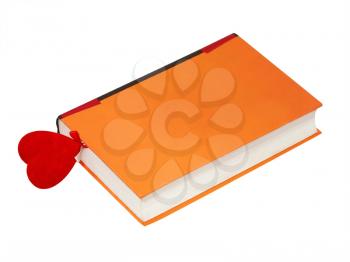 The love novel  with  red heart  as a bookmark isolated on a white background.