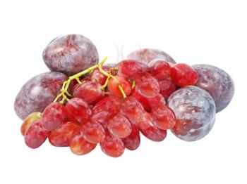 Ripe plums and grape taken closeup isolated on white background.