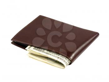 Purse and dollar bills isolated on a white background.