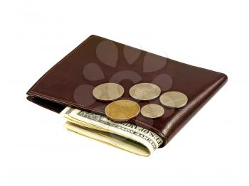 Purse with money isolated on a white background.