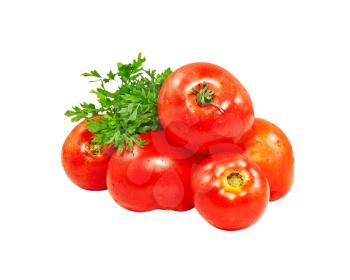Ripe red tomatoes and green parsley isolated on white background.