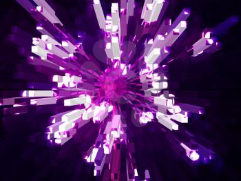 Purple square shape geometric bright star explosion. Digitally generated image.