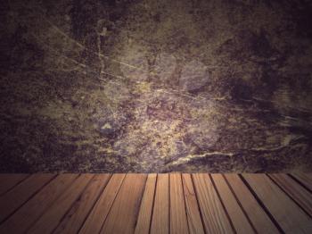 Retro grunge indoor abstract background with wall and wooden plank floor.