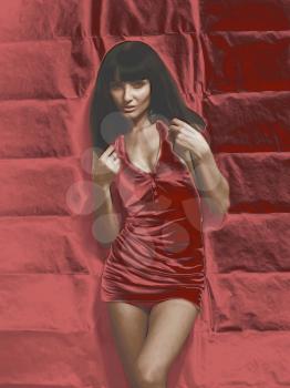Cute brunette in a red dress on a red grunge background.Digitally generated image.