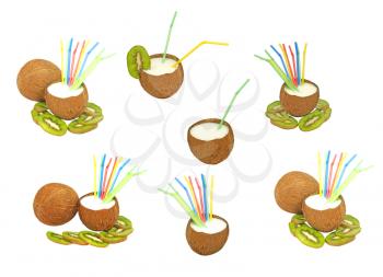 Set of coconuts with a milk- shake and kiwi isolated on white background.