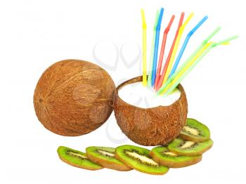 Coconut with a milk- shake,kiwi and multicolored cocktail straw. 