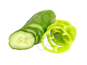 Fresh sliced cucumber and green pepper isolated on a white background.