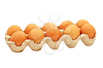 A dozen fresh eggs arranged in a row isolated on white background.
