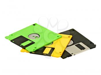 Set of multicolored computer floppy disc on a white background.