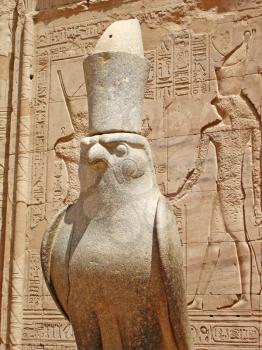 The statue of the falcon-god in the Egyptian Temple of Horus in Edfu.