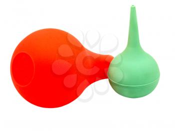 Two multi-colored medical enema on a white background.