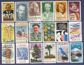 Set of USA postage stamps. Background.