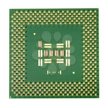Computer processor chip taken closeup isolated on white background.