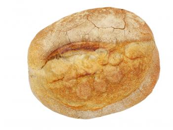 Round loaf of crunchy crust bread isolated on white background.