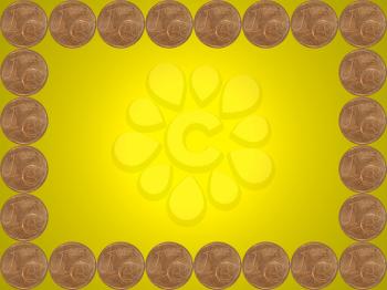 Frame made from one euro cent coins on yellow background.