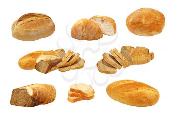 Set of appetizing fresh bread isolated on white background.
