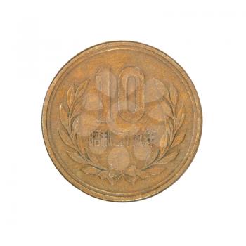 Japanese ten yen coin isolated on white background.
