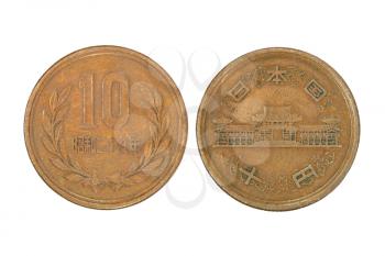 Japanese ten yen coin isolated on white background taken closeup.
