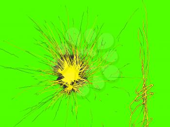 Yellow abstract bursting on green background.Digitally generated image.            