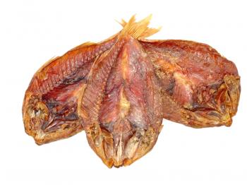 Three dried goatfish taken closeup isolated on white background.