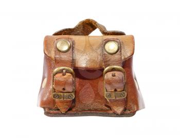 Vintage leather toy bag taken closeup isolated on white background.