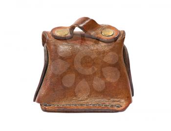Vintage leather toy bag isolated on white background.