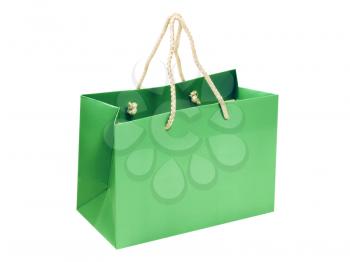Empty green shopping bag isolated on white background.