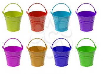 Set of multicolored empty buckets isolated on white background.