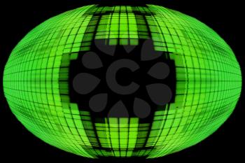 Green globe shape on black background with empty space inside.Digitally generated image.