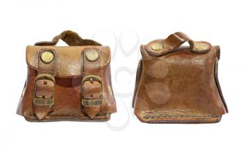 Front and back view of vintage leather toy bag isolated on white background.