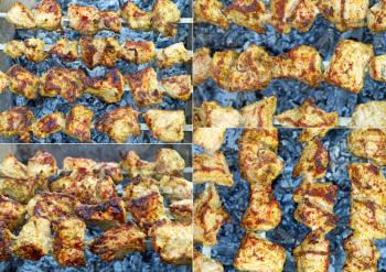 Collage of appetizing shashlik is preparing on barbecue as food background.