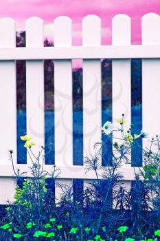 White fence on green grass with flowers.