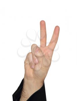 Man hand showing the victory sign on while background.