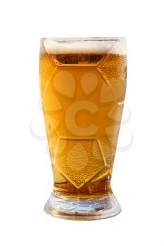 Beer glass with cold beverage taken closeup isolated on white background.