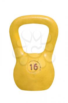 Yellow pood kettlebell isolated on white background.
