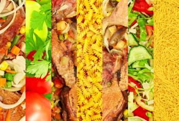 Food collage made from appetizing meat and vegetable images .