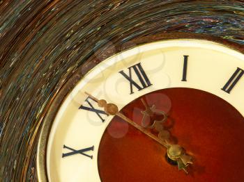 Vintage clock face taken closeup on abstract background.