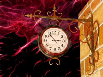 Vintage clock and yellow brick wall on glowing purple fractals in darkness background. 
