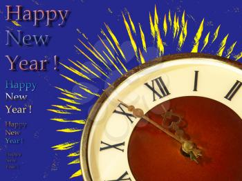 Clock face and yellow firework taken closeup on blue background.Eve of new year.