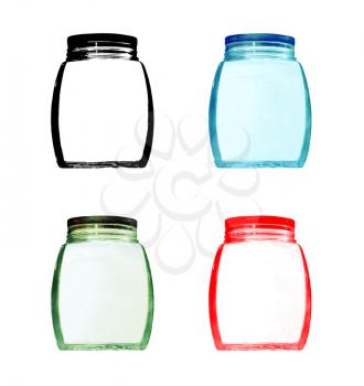 Set of multicolored empty glass jar isolated on white background.