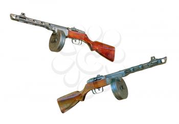 Set of russian PPsH machine gun taken closeup isolated on white background.