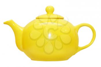 Yellow ceramic teapot isolated on white background.