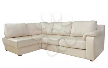 Beige leather corner sofa isolated on white background.